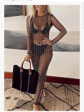 Amazon Womens Long Sleeve Sheer Crystal-Embellished Black Dress Cover-Up